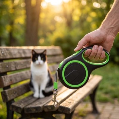 Main tenant laisse chat rétractable verte avec chat noir et blanc assis sur banc de parc