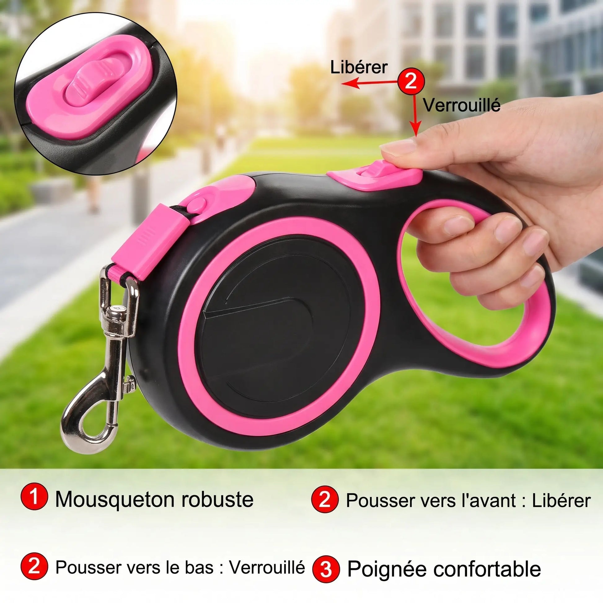 Main tenant laisse chat rétractable rose avec fiche technique — compatible jusqu'à 15 kg
