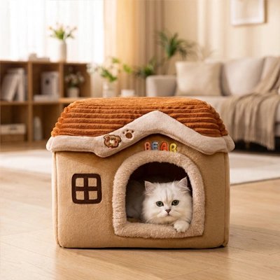 Maisonnette pour chat en tissu matelassé beige et blanc, vue générale