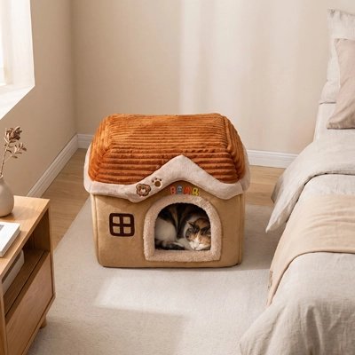Maisonnette pour chat pliable avec toit en velours côtelé, intégrée dans un intérieur moderne