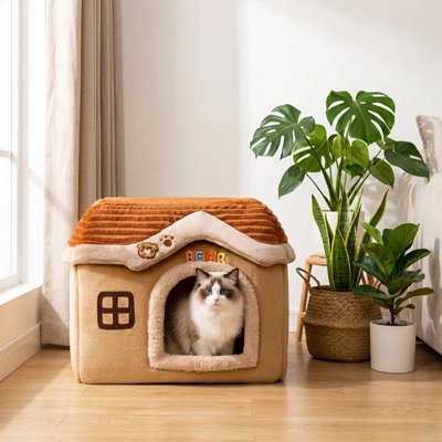 Chat blotti dans sa maisonnette matelassée pliable, vue de face