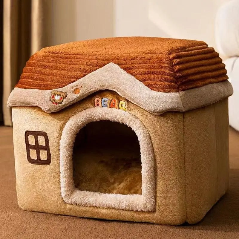 Maisonnette pour chat pliable coloris beige et toit orange, coussin intérieur visible
