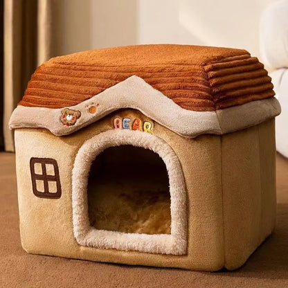 Maisonnette pour chat pliable coloris beige et toit orange, coussin intérieur visible