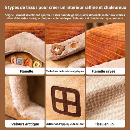 Détail des 6 types de tissus de la maisonnette pour chat : flanelle, velours arctique, broderie et tissu en lin