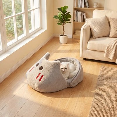 Chat blanc sortant la tête du panier requin 2-en-1 – décoration intérieure scandinave lumineuse
