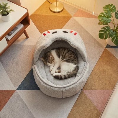 Chat blanc dans panier requin gris – vue de dessus en mode grotte ouverte, intérieur moelleux