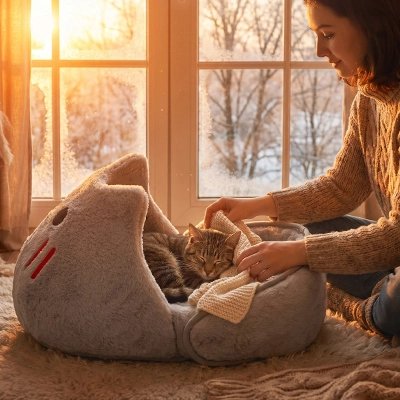 Femme installant son chaton dans le panier requin – coussin amovible et entretien facile
