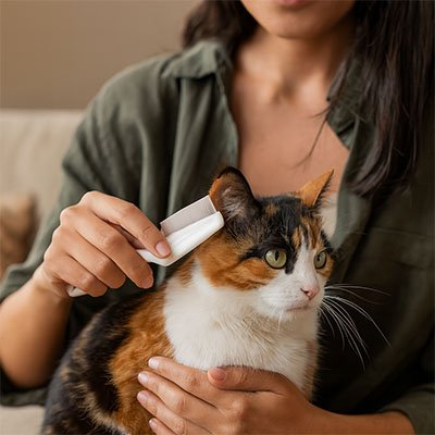 Personne passant un peigne blanc sur le pelage d’un chat tricolore près de l’oreille, tout en le maintenant doucement sur ses genoux