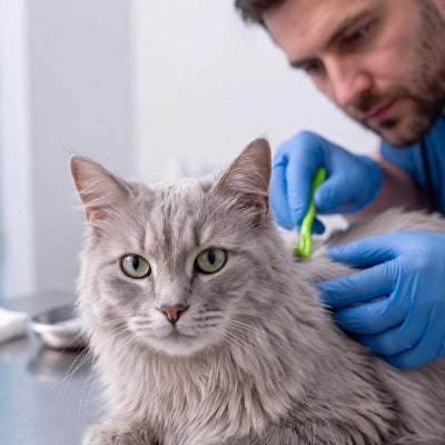 Homme portant des gants bleus et utilisant un crochet à tiques vert sur le dos d’un chat gris tigré à poils longs