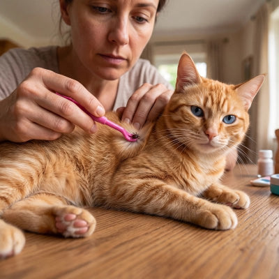 Femme utilisant un crochet à tiques rose sur le flanc d’un chat roux tigré allongé sur une table en bois