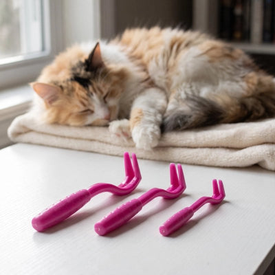 Trois crochets à tiques roses de tailles différentes posés devant un chat roux et blanc allongé sur un coussin près d’une fenêtre