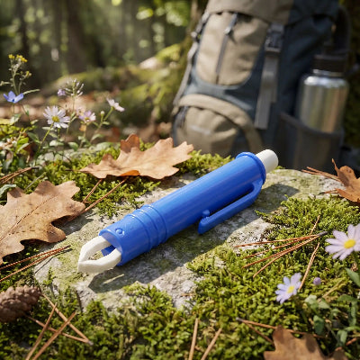 Pince à tiques bleue avec embout et bouton poussoir blancs, posée sur une pierre moussue devant un sac à dos de randonnée