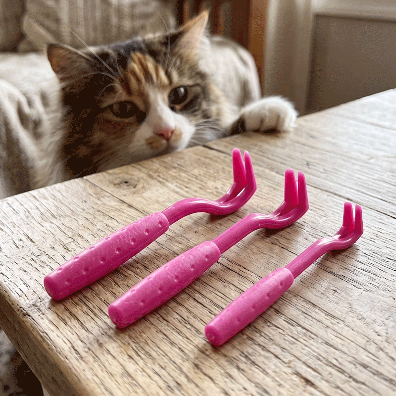 Trois crochets à tiques roses de tailles différentes sur une table en bois, devant un chat blanc, brun et roux