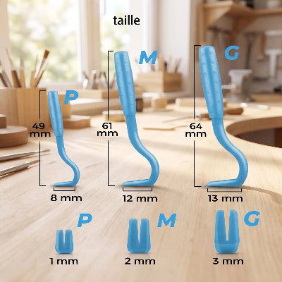 Dimensions de trois crochets à tiques bleus : petit 49 × 8 mm, moyen 61 × 12 mm et grand 64 × 13 mm, avec des ouvertures de 1, 2 et 3 mm