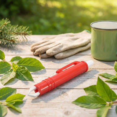 Pince à tiques rouge avec embout et bouton poussoir blancs, posée sur une table en bois près de gants et d’une tasse verte