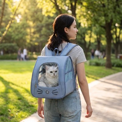 Femme portant sac à dos pour chat bleu en promenade extérieure
