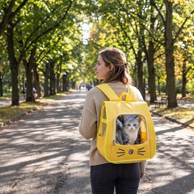 Femme en forêt avec sac à dos pour chat jaune – randonnée