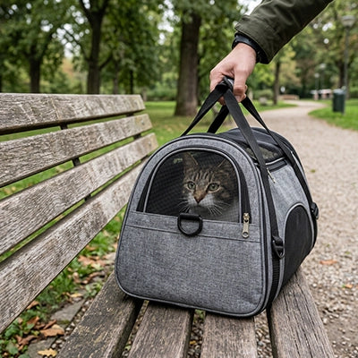 Chat installé confortablement dans un sac transport mesh respirant