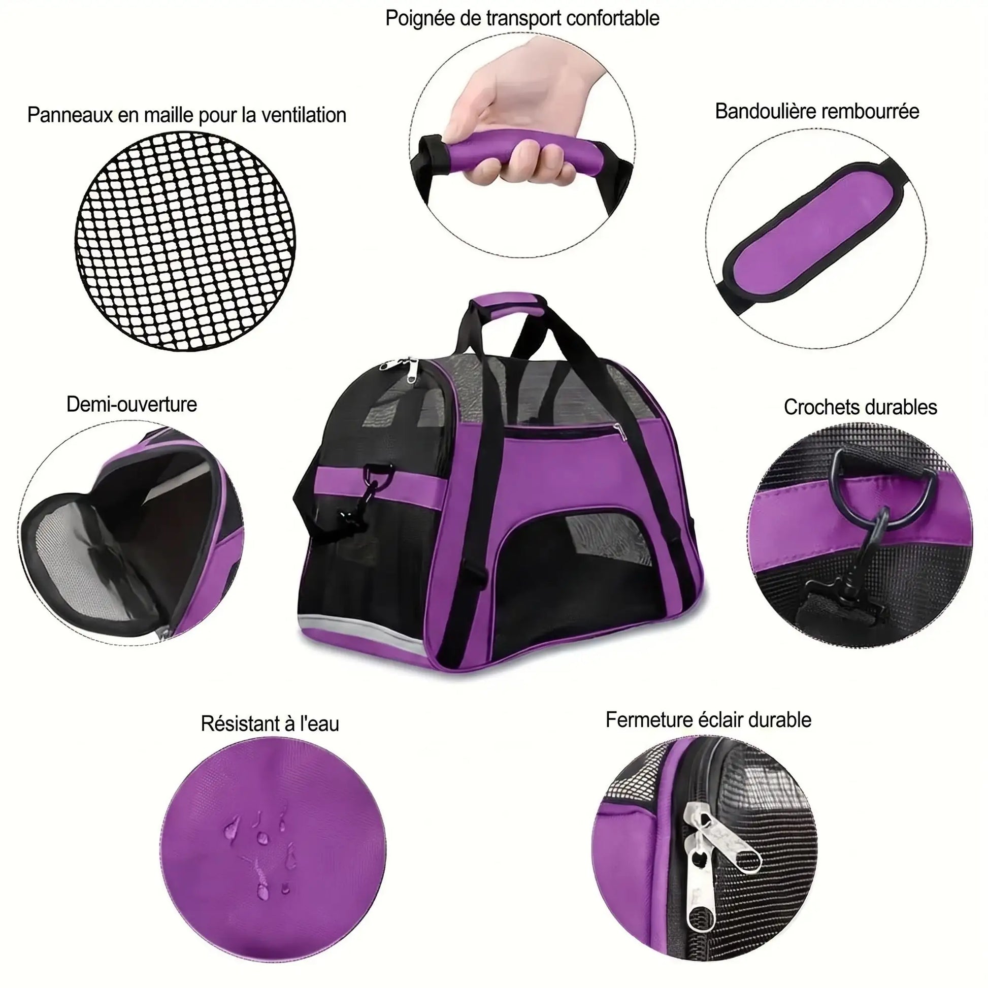 Détail des fermetures éclair et panneaux mesh respirants du sac transport chat