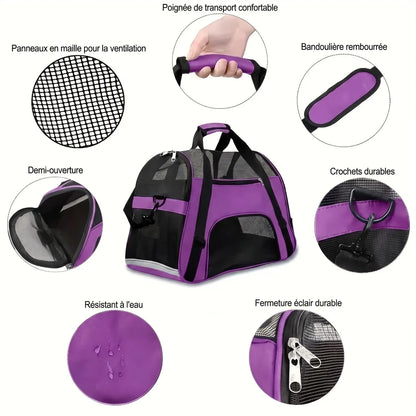 Détail des fermetures éclair et panneaux mesh respirants du sac transport chat