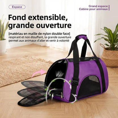 Sac transport chat mesh avec fond extensible et grande ouverture zippée pour accès facile