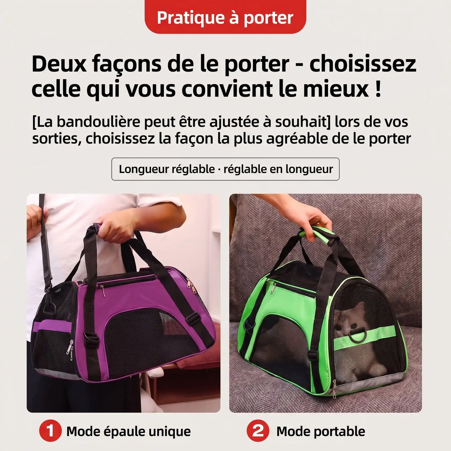Sac transport chat avec deux modes de portage : bandoulière épaule unique et poignées portables