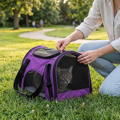 Femme ouvrant un sac transport chat violet dans un parc avec chat gris à l'intérieur