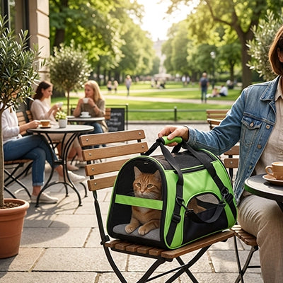 Sac transport chat vert mesh avec chat roux sur une terrasse de café en plein air
