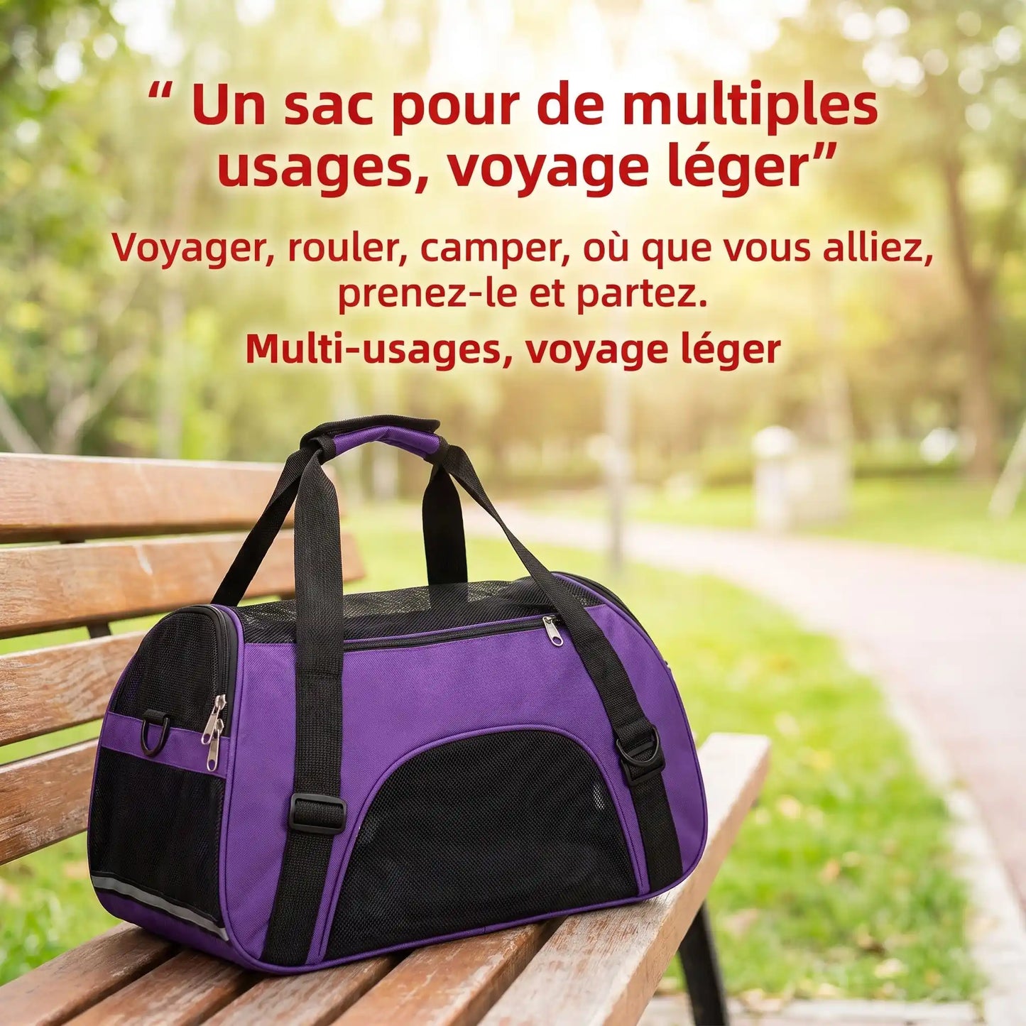 Sac transport chat violet multi-usages posé sur un banc de parc - idéal pour voyager, camper et se déplacer