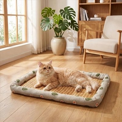 Tapis rafraîchissant pour chat en bambou et rotin avec motifs avocats