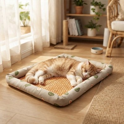 Chat allongé sur son tapis rafraîchissant en rotin, posture détendue