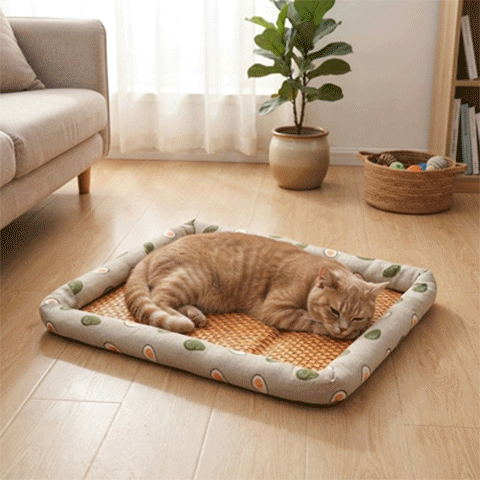 Chat se reposant sur un tapis rafraîchissant en bambou, vue de face