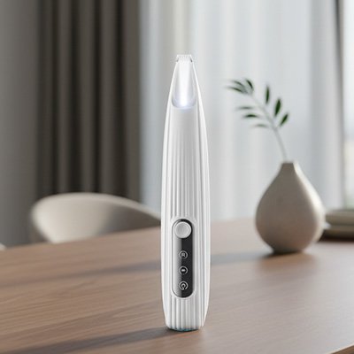 Tondeuse blanche à corps strié, avec bouton rond et panneau de commande noir, présentée debout sur une table en bois