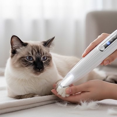 Tondeuse blanche utilisée sur la patte avant d’un chat au pelage crème et au visage foncé, avec des poils coupés sur la couverture