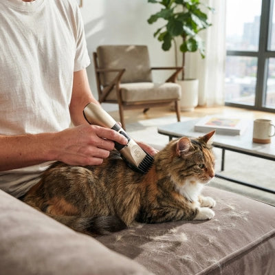Personne passant une tondeuse avec sabot sur le dos d’un chat tigré à poils longs, couché sur un canapé
