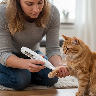 Femme utilisant une tondeuse blanche sur la patte avant d’un chat roux, qu’elle maintient dans sa main