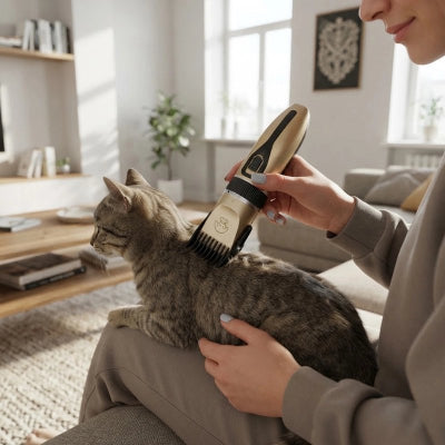 Personne utilisant une tondeuse beige et noire avec sabot sur le dos d’un chat tigré installé sur ses genoux