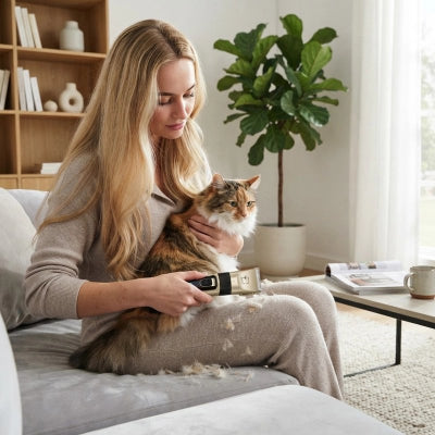 Femme assise sur un canapé utilisant une tondeuse sur un chat à poils longs installé sur ses genoux