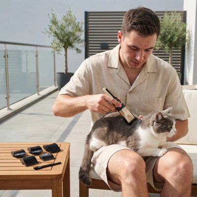 Homme utilisant une tondeuse sur un chat gris et blanc installé sur ses genoux, avec des sabots de coupe posés sur une table à côté