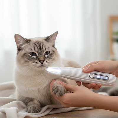 Tondeuse blanche placée près de la patte avant d’un chat au pelage clair et au visage tigré, maintenue à la main