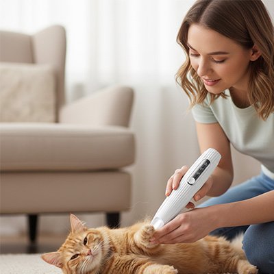 Femme utilisant une tondeuse blanche sur la patte avant d’un chat roux allongé sur un tapis dans le salon