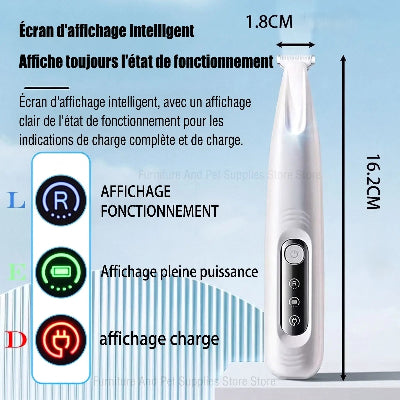 Tondeuse blanche pour chat de 16,2 cm, avec tête de coupe de 1,8 cm et voyants indiquant le fonctionnement, la batterie pleine et la charge