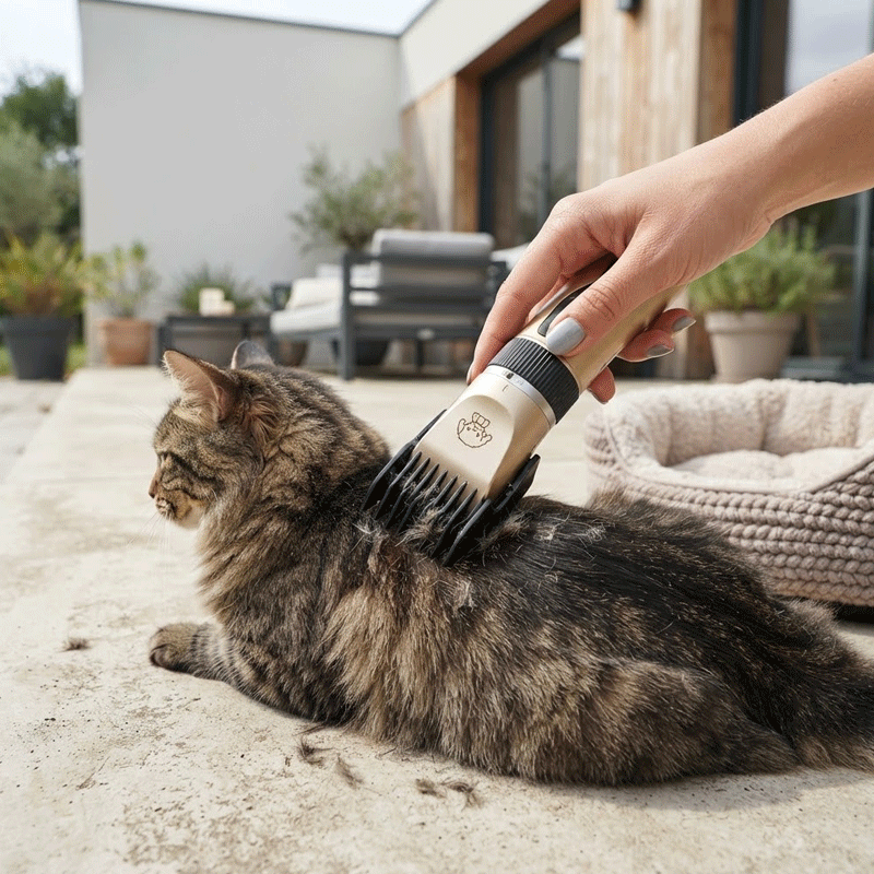 Tondeuse dorée et noire avec sabot passée sur le dos d’un chat tigré à poils longs, couché sur une terrasse